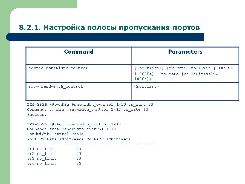 8.2.1. Настройка полосы пропускания портов DES-3526:4#config bandwidth_control 1-10 tx_rate 10 Command: config bandwidth_control 1-10